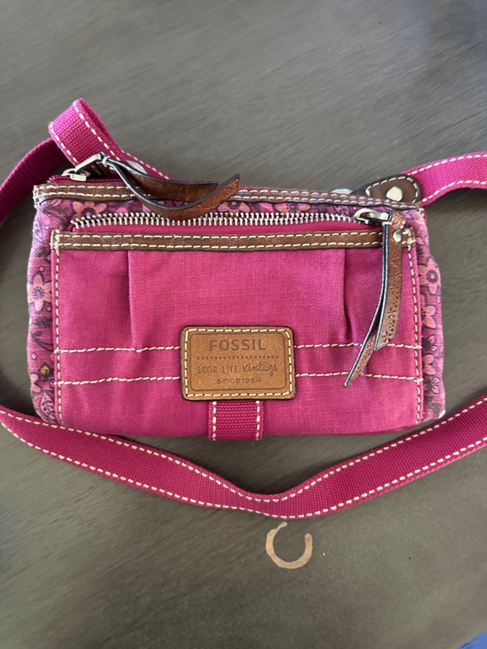 Fossil Magenta Canvas Crossbody with Leather Trim
